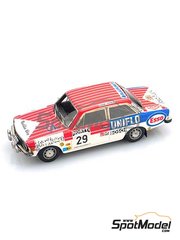 Arena Modelli: Car scale model kit 1/43 scale - Volvo 142 sponsored by Marlboro Esso Uniflo #29 - Markku Al&eacute;n (FI) + Juhani Toivonen (FI) - 1000 Lakes Finland Rally 1973 - photo-etched parts, resin parts, rubber parts, turned metal parts, water slide decals, white metal parts, assembly instructions, painting instructions and tobacco sponsor decals image
