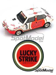 Arena Modelli: Car scale model kit 1/43 scale - Fiat Ritmo 75 sponsored by Lucky Strike #9 - William 'Willy' Plas (BE) + Patrick Jamar (BE) - Omloop Van Vlaanderen Rally 1982 - photo-etched parts, resin parts, rubber parts, turned metal parts, vacuum formed parts, water slide decals, white metal parts, assembly instructions and tobacco sponsor decals