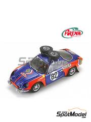 Arena Modelli: Car scale model kit 1/43 scale - Alpine Renault A110 1600 #82 - Arcovito (IT) + Umberta De Bonis (IT) - Monte Carlo Rally - Rallye Automobile de Monte-Carlo 1973 - photo-etched parts, resin parts, rubber parts, water slide decals, white metal parts, other materials, assembly instructions and painting instructions image