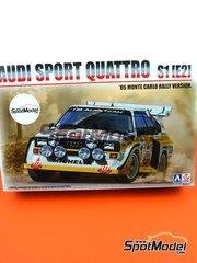 Beemax Model Kits: Car scale model kit 1/24 scale - Audi Quattro Sport S1 Group B Audi Team Team sponsored by HB International #2, 5, 6 - Hannu Mikkola (FI) + Arne Hertz (SE), Walter R&ouml;hrl (DE) + Christian Geistd&ouml;rfer (DE) - Monte Carlo Rally - Rallye Automobile de Monte-Carlo, Sanremo Rally 1986 and 1985 - plastic parts, rubber parts, water slide decals, other materials, assembly instructions and painting instructions image