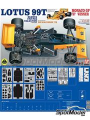 Beemax Model Kits: Car scale model kit 1/12 scale - Lotus Honda 99T (with photo-etched parts) Lotus Team sponsored by Camel DeLonghi #12 - Ayrton Senna da Silva (BR) - Monaco Formula 1 Grand Prix 1987 - metal parts, photo-etched parts, plastic parts, rubber parts, turned metal parts, water slide decals, other materials, assembly instructions, painting instructions and tobacco sponsor decals