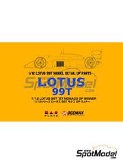 Beemax Model Kits: Set de mejora y detallado escala 1/12 - Lotus 99T - Gran Premio de Formula 1 de Mnaco 1987 - fotograbados, tela de cinturones, piezas de metal torneado, calcas de agua, otros materiales, manual de instrucciones y calcas de sponsors de tabaco - para las referencias de Beemax Model Kits BX12001, NU-12001 y  BX12001