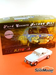 Belkits: Car scale model kit 1/24 scale - Ford Escort RS1600 Mk I sponsored by Milk Marketing Board #13 - Timo Mkinen (FI) + Henry Liddon (GB) - Great Britain RAC Rally 1973 - photo-etched parts, plastic parts, rubber parts, seatbelt fabric, water slide decals, other materials, assembly instructions and painting instructions