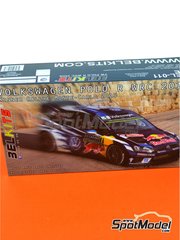 Belkits: Car scale model kit 1/24 scale - Volkswagen Polo R WRC Volkswagen Motorsport Team sponsored by RB #1, 2, 9 - S&eacute;bastien Ogier (FR) + Julien Ingrassia (FR), Jari-Matti Latvala (FI) + Miikka Anttila (FI), Andreas Mikkelsen (NO) + Anders J&aelig;ger (NO) - Monte Carlo Rally - Rallye Automobile de Monte-Carlo 2016 - metal parts, photo-etched parts, plastic parts, rubber parts, seatbelt fabric, water slide decals and assembly instructions image