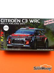 Belkits: Maqueta de coche escala 1/24 - Citron C3 WRC Equipo Citron Total Abu Dhabi WRT patrocinado por Abu Dhabi N 9 - Craig Breen (IE) + Scott Martin (GB) - Neste Rally de Finlandia 2017 - piezas de metal, mscaras de pintura, fotograbados, piezas de plstico, piezas de goma, tela de cinturones, calcas de agua, manual de instrucciones e instrucciones de pintado
