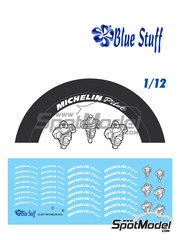 Blue Stuff: Logotypes 1/12 scale - Michelin Pilot 90s - water slide decals and assembly instructions - for Tamiya references TAM14071, TAM14072, TAM14076, TAM14077, TAM14078, TAM14081, TAM14082, TAM14083, TAM14086, TAM14088, TAM14089, TAM14091, TAM14092, TAM14095, TAM14096 and TAM14097