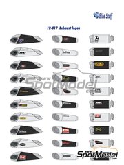 Blue Stuff: Logotypes 1/12 scale - Akrapovic, Arrow, Laser, Yoshimura, Trick StarTermignoni, LeoVince, Remus - water slide decals