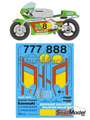 Blue Stuff: Marking / livery 1/12 scale - Kawasaki KR500 sponsored by Pioneer #7, 8 - Hugh Neville "Kork" Ballington (ZA) - Motorcycle World Championship 1982 - water slide decals and assembly instructions - for Tamiya reference TAM14028