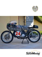Brach Model: Motorbike scale model kit 1/12 scale - Motobi Zanzani 250 Sei Tiranti #24 - Luciano Battisti (IT) 1968 - photo-etched parts, resin parts, rubber parts, vacuum formed parts, water slide decals, other materials, assembly instructions and painting instructions