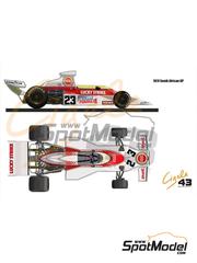 Cigale 43 Modelcraft: Decoracin escala 1/43 - McLaren Ford M23 Equipo Scuderia Scribante patrocinado por Lucky Strike N 23 - Dave Charlton (ZA) - Gran Premio de Frmula 1 de Sudfrica 1974 - calcas de agua, instrucciones de colocacin y calcas de sponsors de tabaco - para las referencias de Tameo Kits SLK088, TMK220, TMK221, TMK230, TMK264, WCT074 y WCT076
