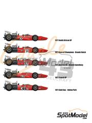 Cigale 43 Modelcraft: Decoracin escala 1/43 - March Ford 701 Equipo Frank Williams Racing patrocinado por Politoys, Wara, Motul N 14, 17, 22, 28, 38 - Ray Allen (GB), Derek Bell (GB), Henri Pescarolo (FR), Max Jean (FR), Anthony Hugh Leigh 'Tony' Trimmer (GB) - Gran Premio de Frmula 1 de Francia, Gran Premio de Frmula 1 de Sudfrica, Carrera de Campeones - ROC Brands Hatch, Gold Cup Oulton Park, Questor GP Ontario Speedway 1971 - calcas de agua, instrucciones de colocacin y calcas de sponsors de tabaco - para las referencias de Tameo Kits SLK100, SLK102, SLK107 y SLK114