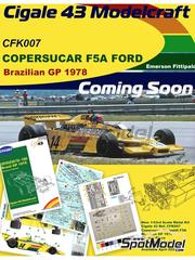 Cigale 43 Modelcraft: Car scale model kit 1/43 scale - Copersucar Ford F5A Fittipaldi Automotive Team sponsored by Copersucar #14 - Emerson Fittipaldi (BR) - Brazilian Formula 1 Grand Prix 1978 - photo-etched parts, rubber parts, water slide decals, white metal parts, other materials and assembly instructions