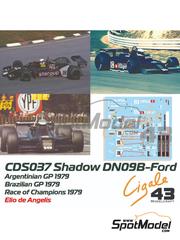 Cigale 43 Modelcraft: Marking / livery 1/43 scale - Shadow Ford DN9B Shadow Racing Team sponsored by Staroup, Williger #18 - Elio de Angelis (IT) - Argentine Formula 1 Grand Prix, Brazilian Formula 1 Grand Prix, ROC - Race of Champions Brands Hatch 1979 - water slide decals, placement instructions and tobacco sponsor decals - for Tameo Kits references TMK270, TMK272 and TMK300