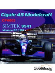 Cigale 43 Modelcraft: Car scale model kit 1/43 scale - Simtek Ford S941 sponsored by MTV, Cox #31 - David Brabham (AU) - Monaco Formula 1 Grand Prix 1994 - photo-etched parts, rubber parts, water slide decals, white metal parts, other materials and assembly instructions