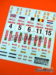 Colorado Decals: Logotypes 1/24 scale - WRC rally plates #4, 5, 6, 11, 15 - Mads Ostberg (NO) + Jonas Andersson (SE), Evgeniy Novikov (RU) + Ilka Minor-Petrasko (AT), Nasser Al-Attiyah (QA) + Giovanni Bernacchini (IT), Thierry Neuville (BE) + Nicolas Gilsoul (BE), Dennis Kuipers (NL) + Robin Buysmans (BE) - Vodafone Portugal Rally 2013 - water slide decals - for Belkits reference BEL-003 image