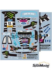 Colorado Decals: Marking / livery 1/24 scale - Ford Fiesta RS WRC sponsored by Monster Energy Drinks #15 - Ken Block (US) + Alessandro Gelsomino (IT) - Catalunya Costa Dorada RACC Rally 2014 - water slide decals - for Belkits reference BEL-003