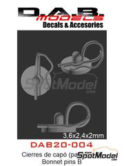 D.A.B. Models: Cierres de capot escala 1/20 - Cierres de capot  con pasador - Tipo B - piezas impresas en 3D - 10 unidades