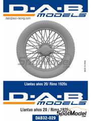 D.A.B. Models: Rims and tyres set 1/32 scale - 1920s wire rims - 3D printed parts - 5 units