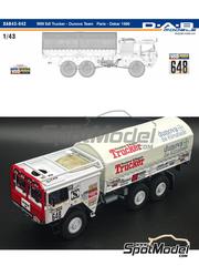 D.A.B. Models: Truck scale model kit 1/43 scale - MAN 6x6 Dunova Team sponsored by Trucker #648 - Hans Georg von der Marwitz (DE) + Doris Papperitz (DE) +  Kuppinger (DE) - Paris Dakar Rally 1986 - 3D printed parts, water slide decals, other materials, placement instructions and tobacco sponsor decals