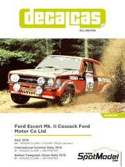 Decalcas: Marking / livery 1/24 scale - Ford Escort Mk. II Cossack Ford Motor Co Ltd Team #1, 6 - Roger Clark (GB) + Stuart Pegg (GB), Roger Clark (GB) + Jim Porter (GB) - Great Britain RAC Rally, International Scottish Rally, Belfast Telegraph Ulster Rally 1976 - water slide decals and assembly instructions - for ESCI references 3009, 3021 and 3049, or Italeri references 3650, IT3650, ITA3650 and 3655, or Revell references REV07374 and 7374
