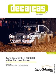 Decalcas: Marking / livery 1/24 scale - Ford Escort Mk. II RS 1800 sponsored by Allied Polymer Group #1 - Timo Mkinen (FI) + Henry Liddon (GB) - Great Britain RAC Rally 1975 - water slide decals and assembly instructions - for ESCI references 3009, 3021 and 3049, or Italeri references 3650, IT3650, ITA3650 and 3655, or Revell references REV07374 and 7374