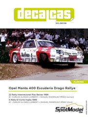 Decalcas: Marking / livery 1/24 scale - Opel Manta 400 Group B Escudera Drago Rallye Team #1, 7 - Carlos Alonso Lamberti (ES) + Manuel Rodrguez Prez (ES), Jos Manuel Sarmiento Marn (ES) - El Corte Ingles Rally Islas Canarias, Rally Internacional Ras Baixas 1986 - water slide decals, assembly instructions and painting instructions - for Belkits references BEL008, BEL-008, BEL009 and BEL-009