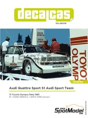 Decalcas: Marking / livery 1/24 scale - Audi Quattro Sport S1 E2 Audi Sport Team #1 - Hannu Mikkola (FI) + Arne Hertz (SE) - Toyota Olympus Rally 1985 - water slide decals, assembly instructions and painting instructions - for Beemax Model Kits references B24017, 103982 and BX24035, or Profil24 reference P24065, or Reji Model reference REJI-2406