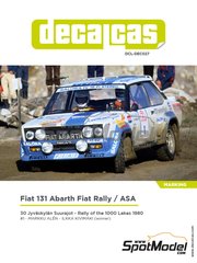Decalcas: Marking / livery 1/24 scale - Fiat 131 Abarth sponsored by Fiat Rally / ASA #1 - Markku Aln (FI) + Ilkka Kivimki (FI) - 1000 Lakes Finland Rally 1980 - water slide decals, assembly instructions and painting instructions - for Italeri references 3621, ITA3621, 3621S, 3621.OUTLET, 3662, ITA3662, 3662S, 3662.OUTLET, 3667, ITA3667, 3667S and 3690, or Revell reference REV07311