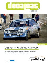 Decalcas: Marking / livery 1/20 scale - Fiat 131 Abarth Rally Fiat Rally / ASA Team sponsored by Salora #1 - Markku Alén (FI) + Ilkka Kivimäki (FI) - 1000 Lakes Finland Rally 1980 - water slide decals, assembly instructions and painting instructions - for Tamiya references TAM20013, TAM20015 and TAM20069 image