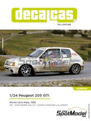 Decalcas: Decoraci�n escala 1/24 - Peugeot 205 GTI Grupo A patrocinado por GCAP Sports N� 21 - Jean-Pierre Ballet (FR) + Marie-Christine Lallement (FR) - Rally de Monte Carlo - Rallye Automobile de Monte-Carlo 1988 - calcas de agua e instrucciones de colocaci�n - para la referencia de Heller 82705