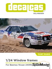 Decalcas: Window frame pre-cut paint masks 1/24 scale - Nissan 240RS - placement instructions - for Beemax Model Kits references B24008, Aoshima 085790, B24014, Aoshima 104330 and BX24041 image