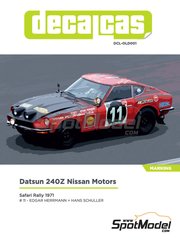 Decalcas: Marking / livery 1/12 scale - Datsun 240Z sponsored by Nissan Motors #11 - Hans Herrmann (DE) + Hans Schller (DE) - Safari Rally 1971 - water slide decals manufactured with digital technology and assembly instructions - for Tamiya references TAM12008 and BS1208