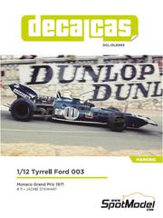 Decalcas: Decoracin escala 1/12 - Tyrrell Ford 003 Equipo Tyrrell Racing patrocinado por ELF N 11 - Sir John Young 'Jackie' Stewart (GB) - Gran Premio de Formula 1 de Mnaco 1971 - calcas de agua fabricadas con tecnologa digital, manual de instrucciones e instrucciones de pintado - para las referencias de Tamiya TAM12009, BS1209, TAM12039 y 12039