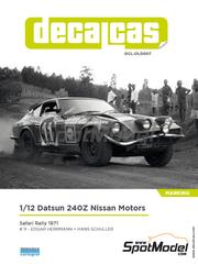 Decalcas: Marking / livery 1/12 scale - Datsun 240Z sponsored by Nissan Motors #11 - Hans Herrmann (DE) + Hans Schller (DE) - Safari Rally 1971 - water slide decals and assembly instructions - for Tamiya references TAM12008 and BS1208