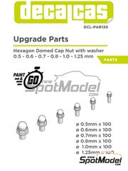 Decalcas: Tuercas - Tornillo con cabeza hexagonal y sombrerete con arandela 0.5 - 1.25 mm - piezas impresas en 3D - 100 + 100 + 100 + 100 + 100 + 100 unidades