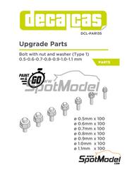 Decalcas: Tornillos - Tuercas con perno pasante y arandela - Bolt with Nut and washer - Tipo 1 - 0.5 - 1.1 mm - piezas impresas en 3D - 100 + 100 + 100 + 100 + 100 + 100 + 100 unidades