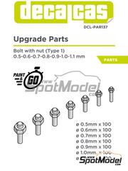 Decalcas: Fasteners - Bolt with nut - Type 1 - 0.5 - 1.1 mm - 3D printed parts - 100 + 100 + 100 + 100 + 100 + 100 + 100 units
