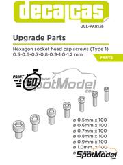 Decalcas: Tornillos - Tuerca cilindrica con cabeza tipo allen - Hex socket head cap with washer 0.5 - 1.2 mm - piezas impresas en 3D - 100 + 100 + 100 + 100 + 100 + 100 + 100 unidades