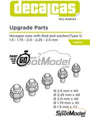 Decalcas: Tornillos - Tuerca hexagonal con perno pasante y arandela - Hexagon nuts with rod and washer - tipo 1 - 1.5 - 2.5 mm - piezas impresas en 3D - 40 + 40 + 40 + 42 + 42 unidades