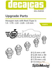 Decalcas: Fasteners - Hexagon nuts with rod - type 1 - 1.5 - 2.5 mm - 3D printed parts - 40 + 40 + 40 + 42 + 42 units
