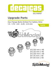 Decalcas: Tornillos - Cabeza de tornillo hexagonal con brida estampada y taladro para cable de seguridad - Hexagonal flange bolt drilled 1.5 - 2.5 mm - piezas impresas en 3D - 48 + 48 + 48 + 48 + 48 unidades