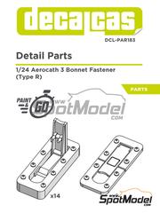 Decalcas: Bonnet pins 1/24 scale - Aerocath 3 rectangular bonnet fastener - 3D printed parts - 14 + 14 units