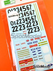 Decalpool: Marking / livery 1/20 scale - Lotus Ford Type 72C Lotus Team sponsored by Gold Leaf #2, 5, 23, 24, 22 - Jochen Rindt (AT), Reine Wisell (SE), Emerson Fittipaldi (BR), John Miles (GB) - German Formula 1 Grand Prix, French Formula 1 Grand Prix, British Formula 1 Grand Prix, Italian Formula 1 Grand Prix, USA - United States of America Formula 1 Grand Prix 1970 - water slide decals and assembly instructions - for Ebbro references EBR20001 and EBRPK-01 image