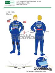 Decalpool: Marking / livery 1/12 scale - Christian Sarron sponsored by Gauloises - Christian Sarron (FR) - Motorcycle World Championship 1988 and 1989 - water slide decals and assembly instructions - for Tamiya references TAM14122, TAM14123 and TAM14124