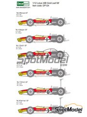 Decalpool: Marking / livery 1/12 scale - Lotus Ford Type 49B Lotus Team sponsored by Gold Leaf #1, 2, 3, 4, 8, 9, 10, 13, 14 - Graham Hill (GB), Jackie Oliver (GB), Jim Clark (GB), Mario Andretti (US) - Belgian Formula 1 Grand Prix, French Formula 1 Grand Prix, Dutch Formula 1 Grand Prix, British Formula 1 Grand Prix, Monaco Formula 1 Grand Prix 1968 - water slide decals and assembly instructions - for Tamiya reference TAM12053