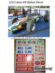 Decalpool: Marking / livery 1/12 scale - Lotus Ford Type 49 Lotus Team sponsored by Firestone - Jim Clark (GB), Graham Hill (GB) - FIA Formula 1 World Championship 1967 and 1968 - water slide decals - for Tamiya reference TAM12052 image