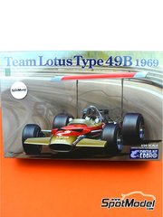 Ebbro: Car scale model kit 1/20 scale - Lotus Ford Type 49B Lotus Team sponsored by Gold Leaf #1, 2 - Graham Hill (GB), Jochen Rindt (AT) - USA - United States of America Formula 1 Grand Prix, Daily Mail Race of Champions 1969 - plastic parts, rubber parts, water slide decals, assembly instructions and painting instructions