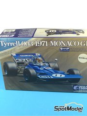 Ebbro: Car scale model kit 1/20 scale - Tyrrell Ford 003 Tyrrell Racing Team sponsored by ELF #11, 12, 5, 6 - Sir John Young 'Jackie' Stewart (GB), Francois Cevert (FR) - Spanish Formula 1 Grand Prix, Monaco Formula 1 Grand Prix 1971 - metal parts, plastic parts, rubber parts, water slide decals and assembly instructions