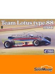 Ebbro: Car scale model kit 1/20 scale - Lotus Ford Type 88 Lotus Team sponsored by Essex #11, 12 - Elio de Angelis (IT), Nigel Ernest James Mansell (GB) - USA West Long Beach Formula 1 Grand Prix 1981 - plastic parts, rubber parts, water slide decals and assembly instructions