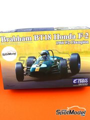 Ebbro: Car scale model kit 1/20 scale - Brabham Honda BT18 F2 Brabham Racing Developments Team #1, 2, 3, 4 - Jack Brabham (AU), Denis Clive 'Denny' Hulme (NZ) - Goodwood Motor Circuit, FIA Formula 2 Championship, Zolder 1966 - plastic parts, rubber parts, water slide decals, assembly instructions and painting instructions image